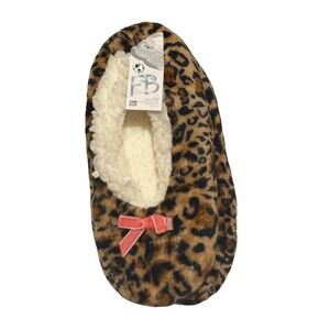 Fuzzy Babba Slipper Socks Leopard Brown Bow Faux Fur Sherpa Lined OS Womens